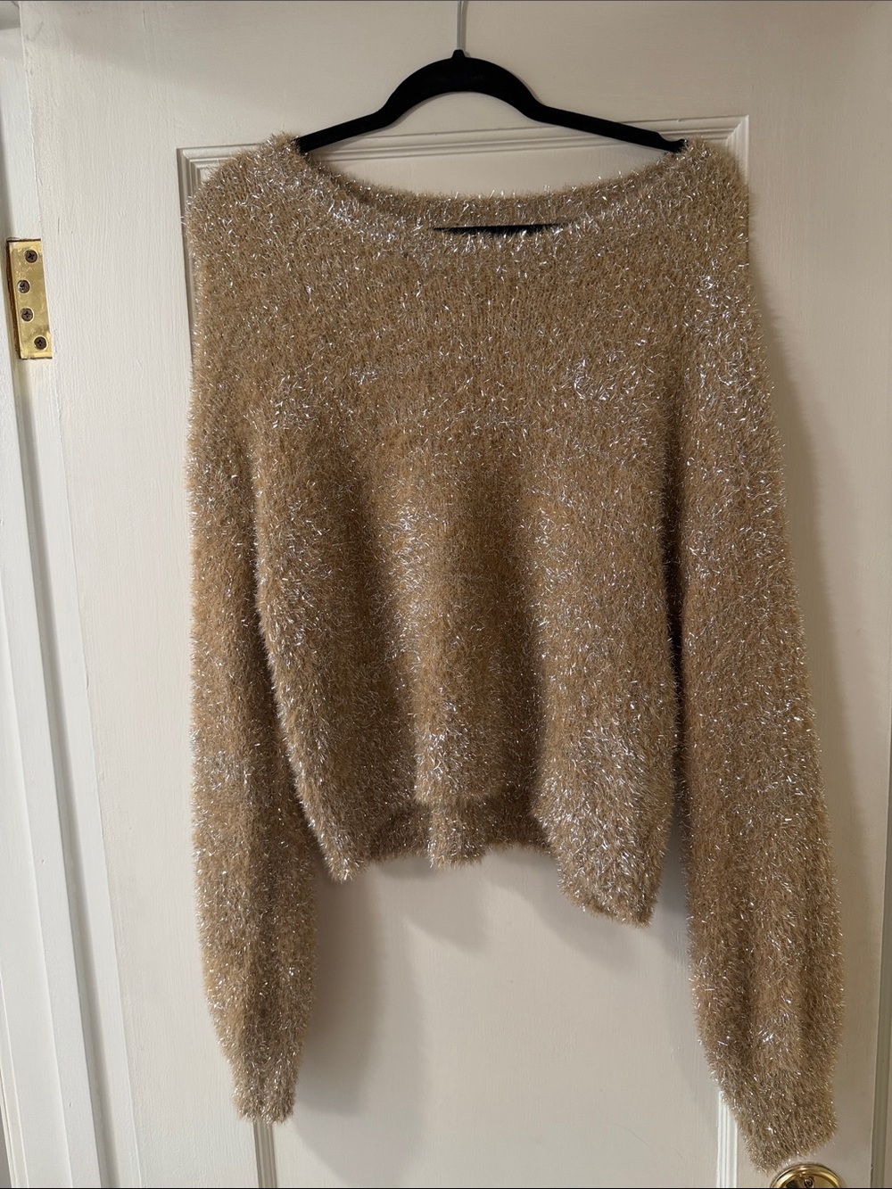 Maeve Metallic Tan Fuzzy Crewneck Sweater